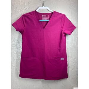 FIGS Technical Scrub Top Womens Dark Pink Stretch V-Neck Pockets Uniform Size XS